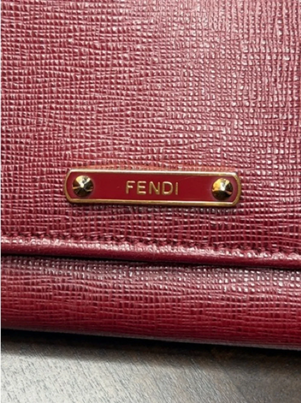 Fendi Burgundy Textured Leather Continental Wallet with Gold Plate with COA